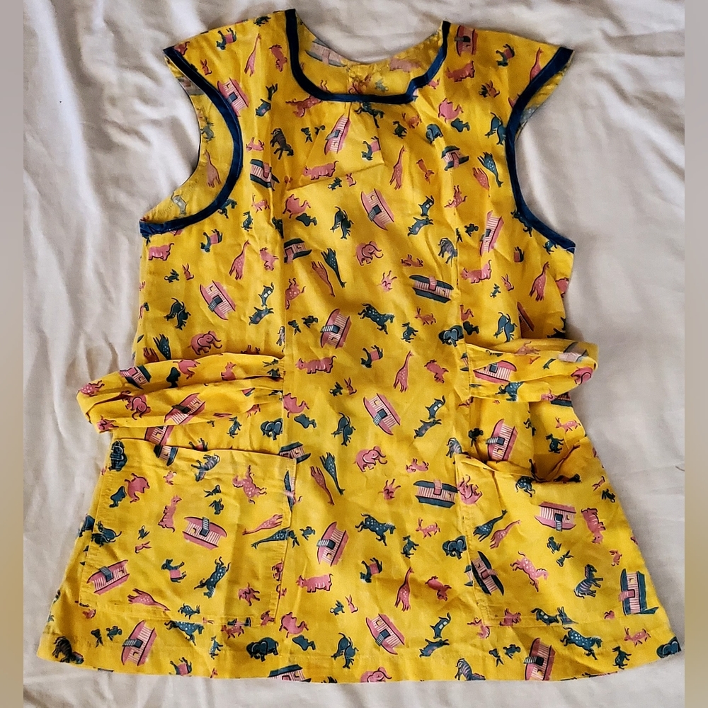 Vintage Child's Animal Print Apron Smock Elephants Giraffe Rabits Horse 1960s